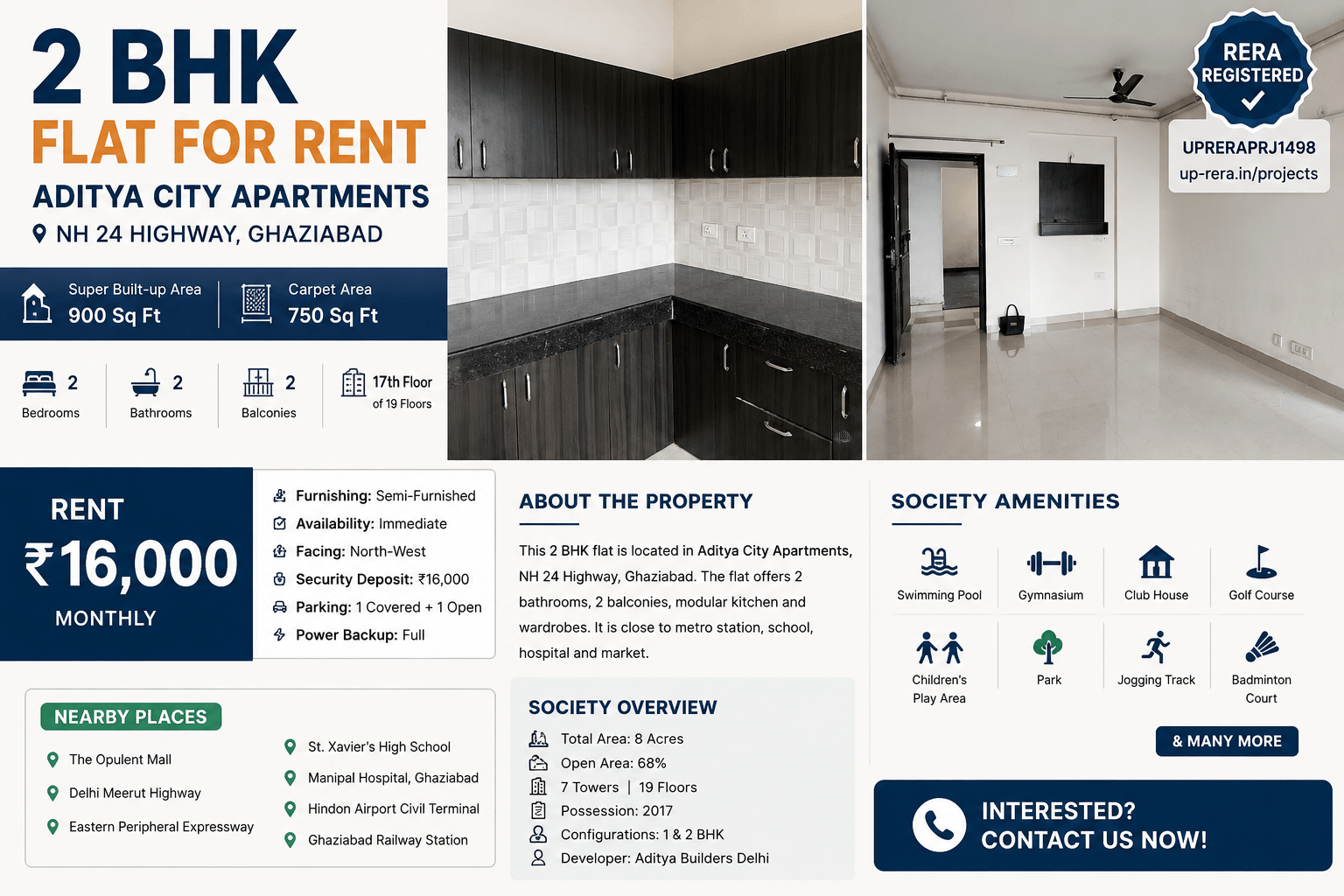 900 Sq Ft 2 BHK Flat for Rent in Aditya City Apartments, NH 24 Ghaziabad