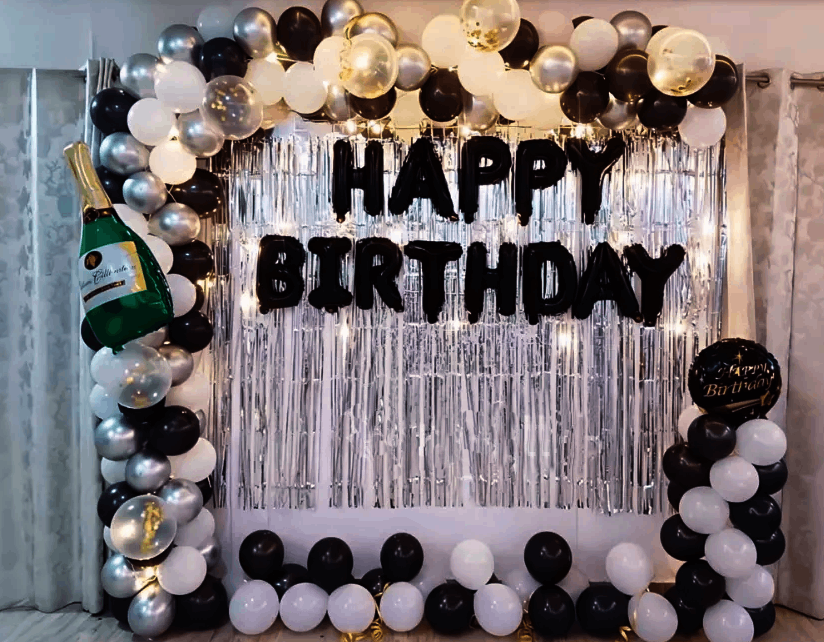 Classic Black and White Birthday Party Decor in Aditya World City, Ghaziabad