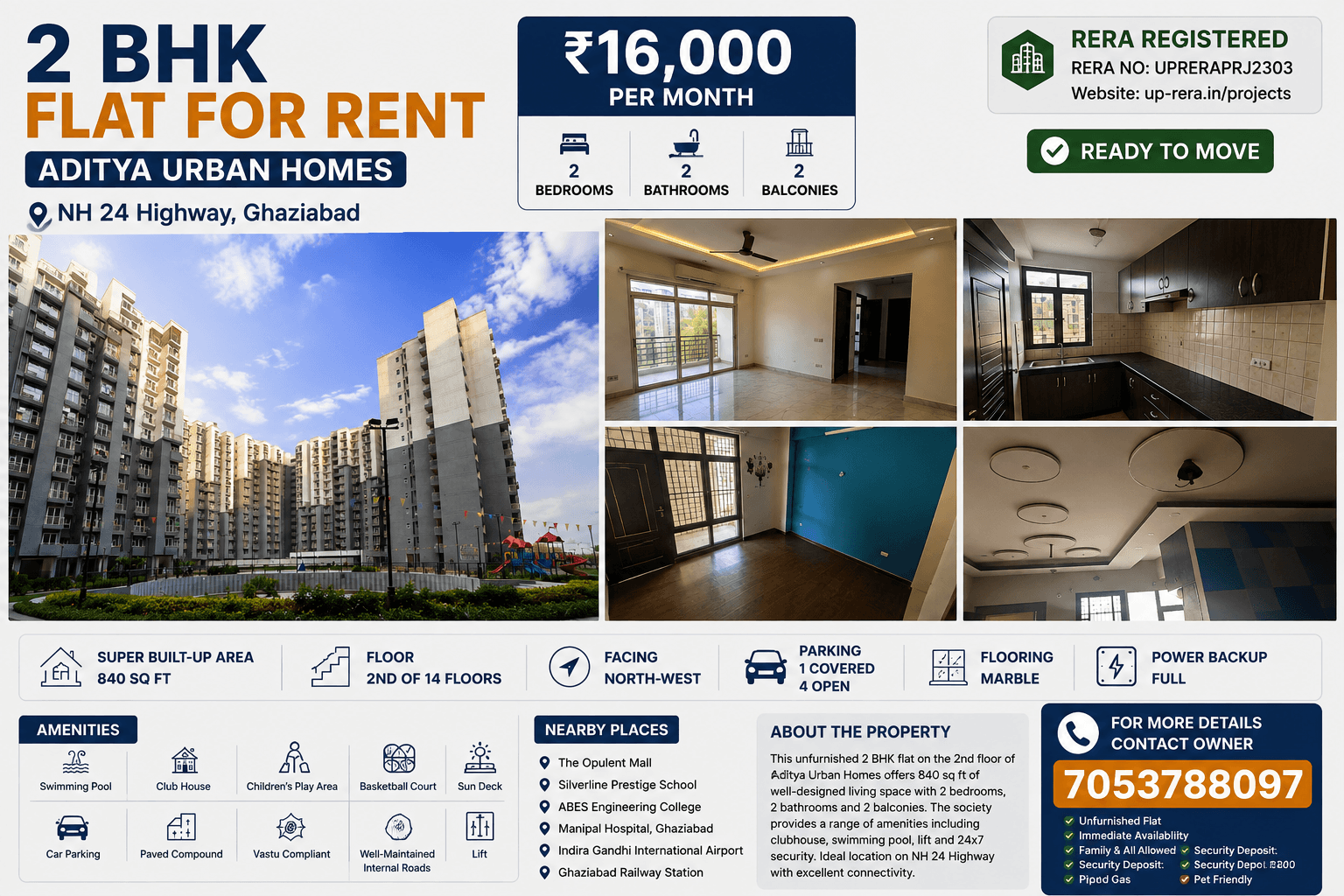 2 BHK Flat for Rent in Aditya Urban Homes, NH 24 Ghaziabad – 840 Sq Ft