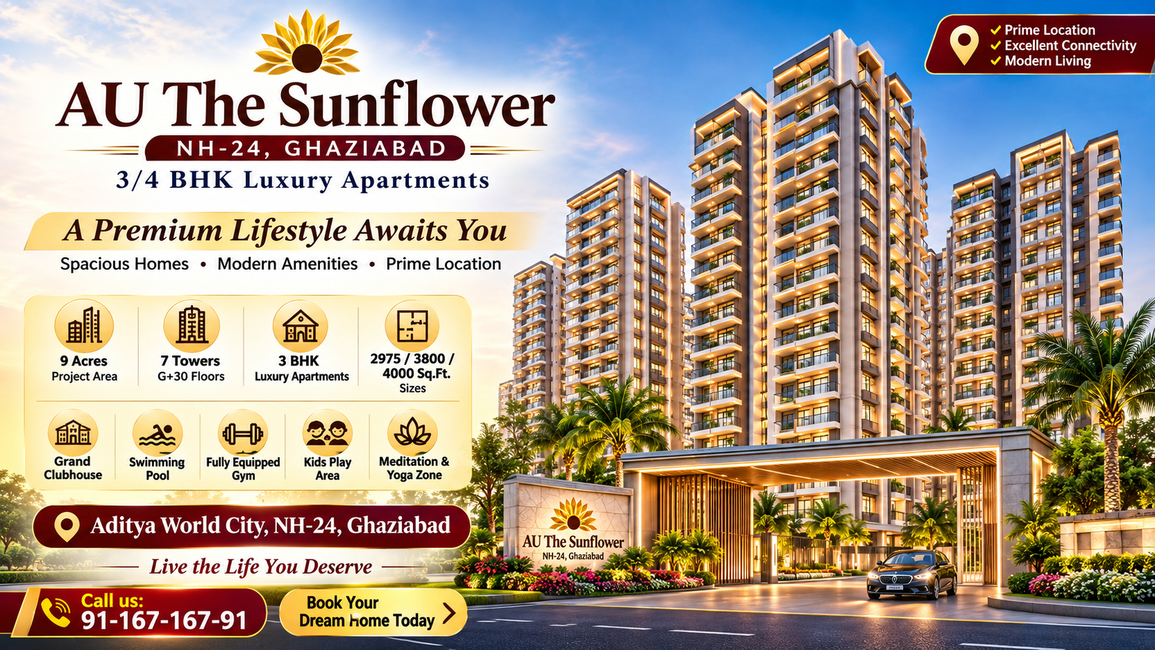 AU The Sunflower NH-24 Ghaziabad – Ultra Luxury 3 BHK Apartments at Aditya World City